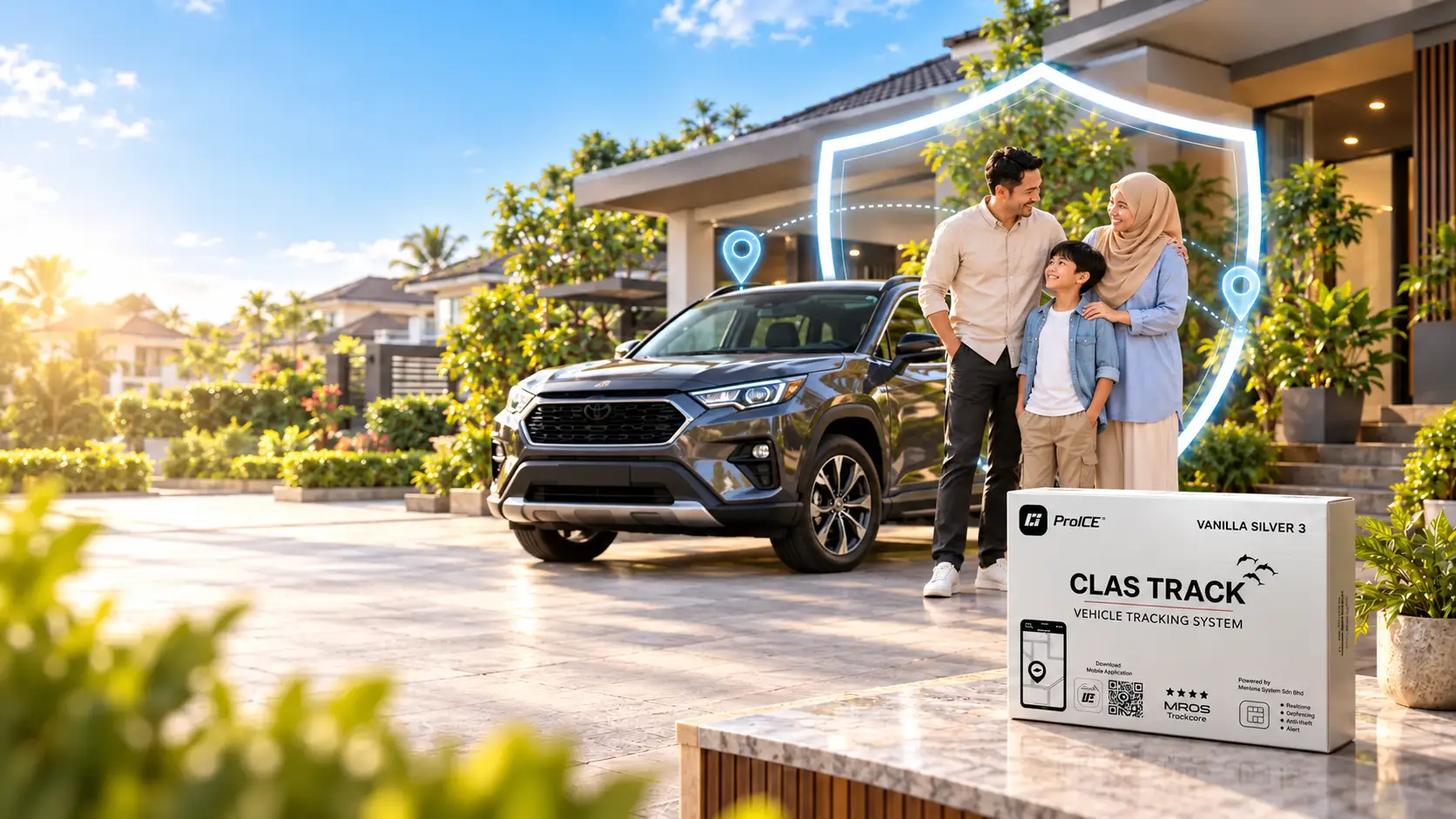 A Malaysian family with their car and motorcycle at home